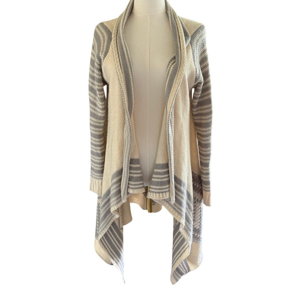 Dreamers Open Front Cardigan Cream Gray Striped Waterfall Hem Aztec Print S/M